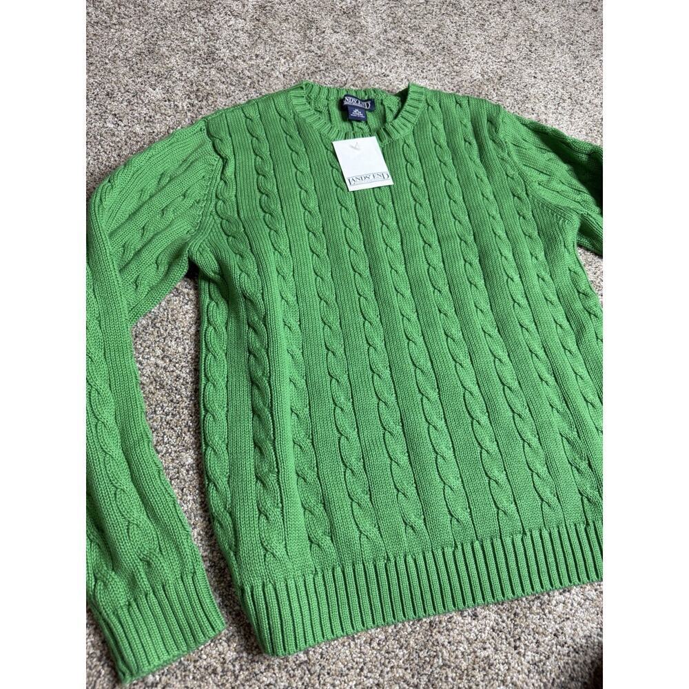 Vintage Lands End Sweater Medium Green Fisherman Cable Knit Pullover New!